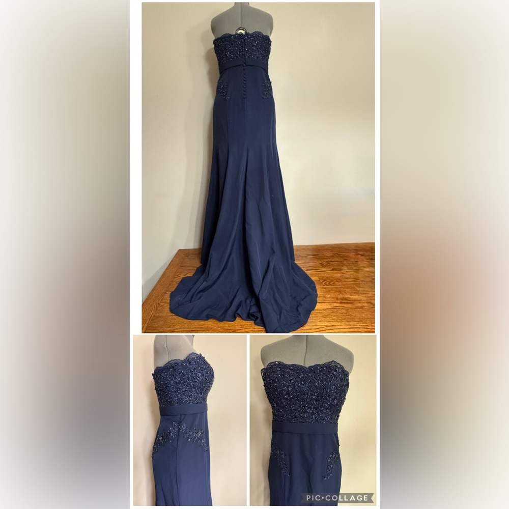 Navy Blue Strapless Embellished Evening Gown